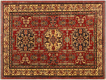 handmade Geometric Super Kazak Red Tan Hand Knotted RECTANGLE 100% WOOL area rug 4x6